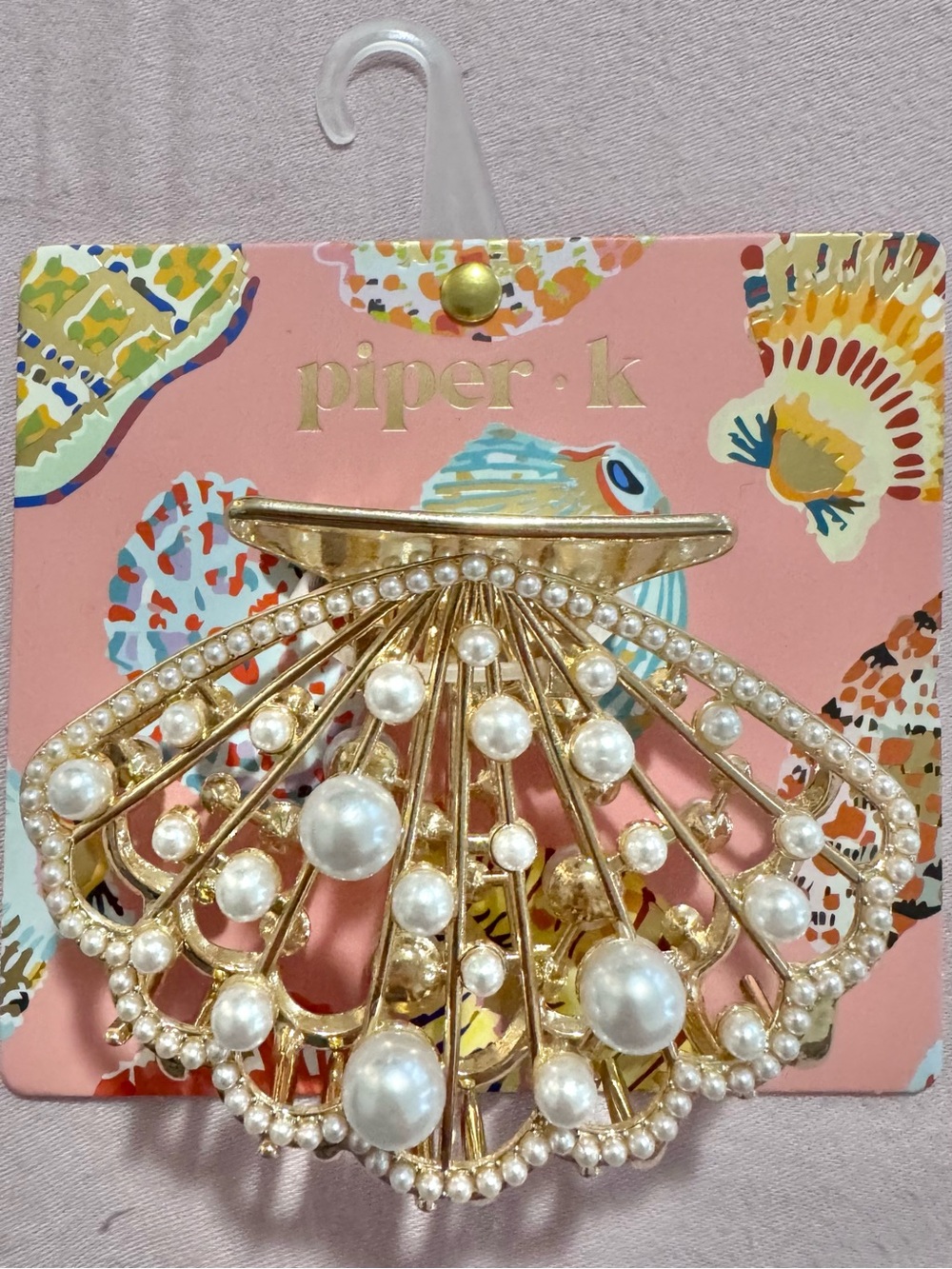 Piper K Large Size Hair Claw Clip Gold Seashell Shaped Adorned with White Pearls